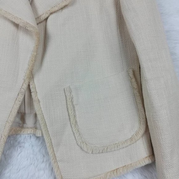 Ann Taylor Womens Jacket Solid Beige Waist Length Open Front Fringe Trim XS - Picture 7 of 9